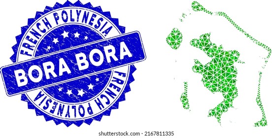 Blue rosette grunge badge and low-poly Bora-Bora map mosaic in green colors. Triangulated Bora-Bora map polygonal symbol illustration, and grunge blue stamp seal.