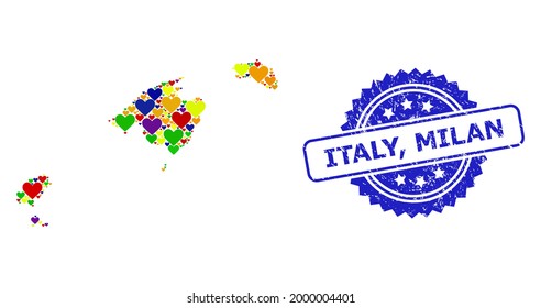 Blue rosette grunge seal imprint with Italy, Milan caption. Vector mosaic LGBT map of Balearic Islands with hearts. Map of Balearic Islands collage composed with lovely hearts in multicolored shades.