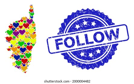 Blue rosette grunge seal imprint with Follow caption. Vector mosaic LGBT map of Corsica with lovely hearts. Map of Corsica collage created with lovely hearts in colored color tints.