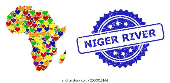 Blue rosette grunge seal imprint with Niger River message. Vector mosaic LGBT map of Africa with love hearts. Map of Africa collage designed with love hearts in colorful shades.