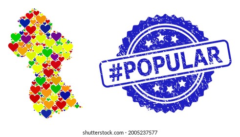 Blue rosette grunge seal imprint with hashtag Popular title. Vector mosaic LGBT map of Guyana with love hearts. Map of Guyana collage composed with love hearts in multicolored color hues.