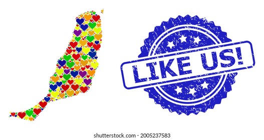 Blue rosette grunge seal imprint with Like Us Exclamation phrase. Vector mosaic LGBT map of Fuerteventura Island with hearts.