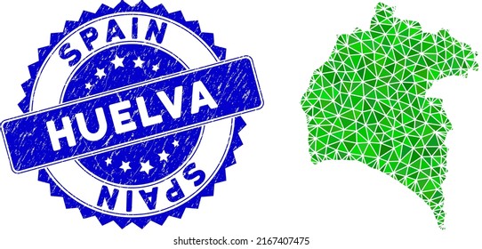 Blue rosette grunge seal and lowpoly Huelva Province map mosaic in green colors. Triangulated Huelva Province map polygonal icon illustration with dirty blue seal print.