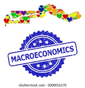 Blue rosette grunge seal with Macroeconomics caption. Vector mosaic LGBT map of the Gambia with love hearts. Map of the Gambia collage created with valentine hearts in multicolored color tones.