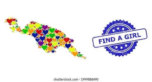 Blue rosette grunge seal stamp with Find a Girl caption. Vector mosaic LGBT map of New Guinea Island of love hearts. Map of New Guinea Island collage created with love hearts in colorful color tones.