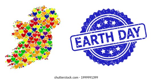 Blue rosette grunge seal stamp with Earth Day text. Vector mosaic LGBT map of Ireland Island with love hearts. Map of Ireland Island collage designed with love hearts in bright color hues.