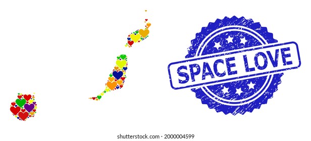 Blue rosette grunge seal stamp with Space Love message. Vector mosaic LGBT map of Las Palmas Province from love hearts.