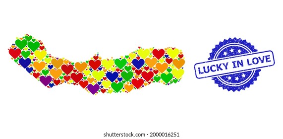 Blue rosette grunge seal stamp with Lucky in Love phrase. Vector mosaic LGBT map of Sao Miguel Island with hearts. Map of Sao Miguel Island collage designed with lovely hearts in bright color tints.