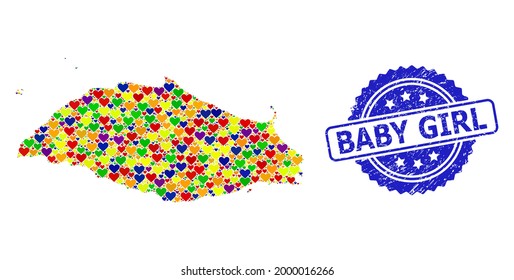Blue rosette grunge seal stamp with Baby Girl title. Vector mosaic LGBT map of Isla La Tortuga with lovely hearts. Map of Isla La Tortuga collage created with valentine hearts in multicolored shades.