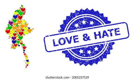 Blue rosette grunge seal stamp with Love and Hate message. Vector mosaic LGBT map of Myanmar with love hearts. Map of Myanmar collage formed with love hearts in bright color tinges.