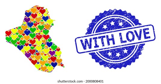 Blue rosette grunge stamp with Love message. Vector mosaic LGBT map of Iraq with love hearts. Map of Iraq collage composed with lovely hearts in colored shades. For bisexual love images.