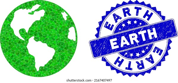 Blue rosette grunge stamp and lowpoly Earth globe mosaic in green colors. Triangulated Earth globe polygonal icon illustration with grunge blue stamp.