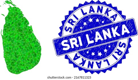 Blue rosette grunge stamp and lowpoly Sri Lanka Island map mosaic in green colors. Triangulated Sri Lanka Island map polygonal icon illustration with grunge blue badge.