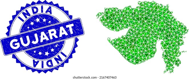 Blue rosette grunge stamp seal and lowpoly Gujarat State map mosaic in green colors. Triangulated Gujarat State map polygonal icon illustration, and rubber blue stamp seal.