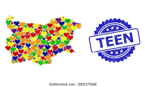 Blue rosette grunge stamp with Teen caption. Vector mosaic LGBT map of Bulgaria with love hearts. Map of Bulgaria collage created with love hearts in bright color hues. For bisexual love arts.