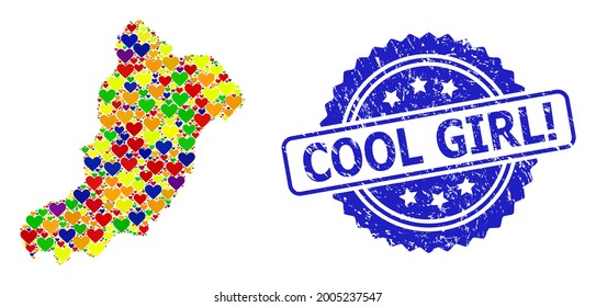 Blue rosette grunge watermark with Cool Girl Exclamation title. Vector mosaic LGBT map of La Graciosa Island with hearts.