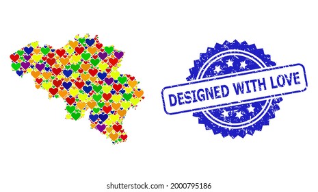 Blue rosette grunge watermark with Designed with Love text. Vector mosaic LGBT map of Belgium of love hearts. Map of Belgium collage composed with lovely hearts in multicolored shades.