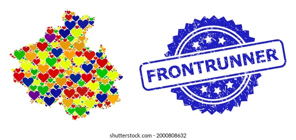 Blue rosette grunge watermark with Frontrunner title. Vector mosaic LGBT map of Altai Republic of hearts. Map of Altai Republic collage composed with love hearts in colored color tinges.