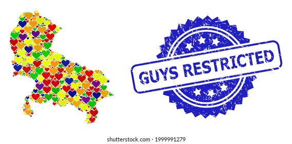 Blue rosette grunge watermark with Guys Restricted title. Vector mosaic LGBT map of Uttar Pradesh State with lovely hearts.