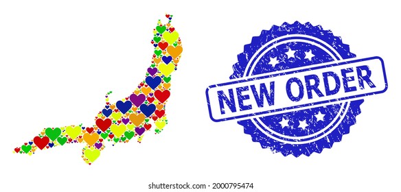 Blue rosette grunge watermark with New Order phrase. Vector mosaic LGBT map of Honshu Island with hearts. Map of Honshu Island collage designed with love hearts in colorful color tones.