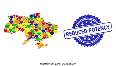 Blue rosette grunge watermark with Reduced Potency text. Vector mosaic LGBT map of Ukraine with hearts. Map of Ukraine collage created with lovely hearts in multicolored shades.