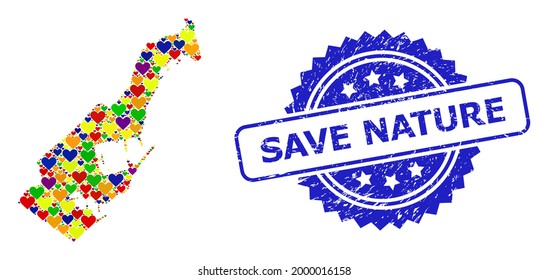 Blue rosette grunge watermark with Save Nature text. Vector mosaic LGBT map of Monaco with love hearts. Map of Monaco collage formed with lovely hearts in bright color hues.