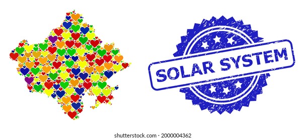 Blue rosette grunge watermark with Solar System text. Vector mosaic LGBT map of Rajasthan State of hearts. Map of Rajasthan State collage created with love hearts in colorful shades.