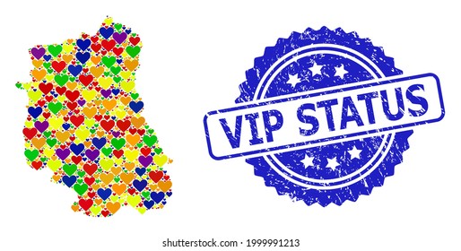 Blue rosette grunge watermark with Vip Status caption. Vector mosaic LGBT map of Lublin Province from love hearts. Map of Lublin Province collage formed with love hearts in bright color hues.