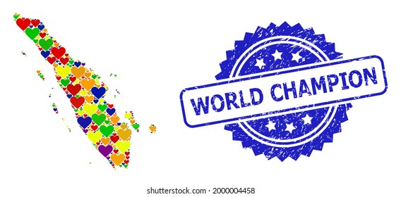 Blue rosette grunge watermark with World Champion caption. Vector mosaic LGBT map of Sumatra Island with love hearts. Map of Sumatra Island collage created with lovely hearts in colored color tinges.