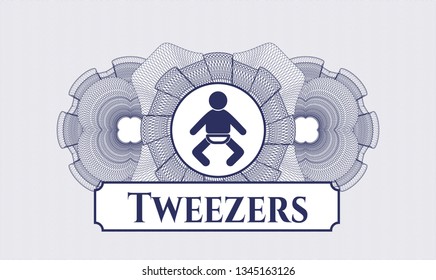 Blue rosette. Linear Illustration. with baby icon and Tweezers text inside