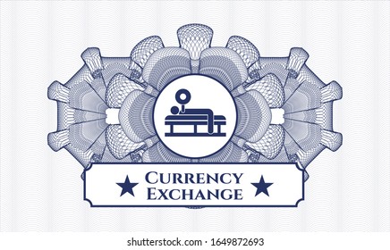 Blue rosette. Linear Illustration. with bench press icon and Currency Exchange text inside