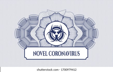 Rosette azul. Ilustración lineal. con el icono covid-19 y el texto Novel Coronavirus dentro