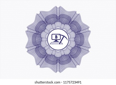 Blue rosette. Linear Illustration with bitcoin mining icon inside