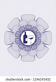 Blue rosette. Linear Illustration with bottle and glass of wine icon inside