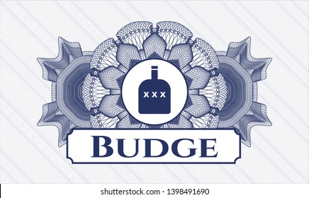 Blue rosette. Linear Illustration. with bottle of alcohol icon and Budge text inside
