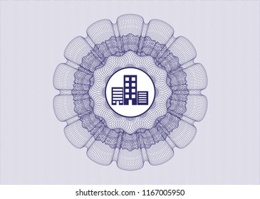 Blue rosette. Linear Illustration with buildings icon inside