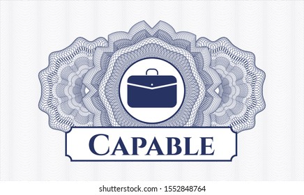 Blue rosette. Linear Illustration. with business briefcase icon and Capable text inside