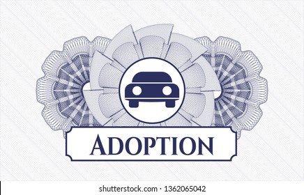 Blue rosette. Linear Illustration. with car seen from front icon and Adoption text inside