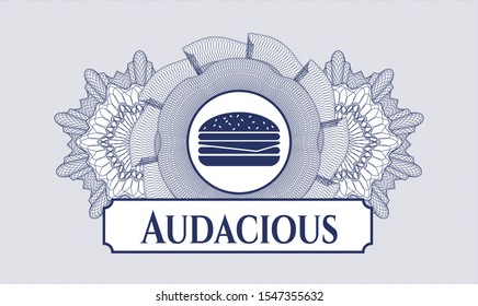 Blue rosette. Linear Illustration. with cheeseburger icon and Audacious text inside