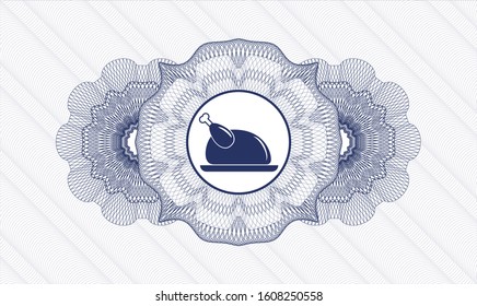 Blue rosette. Linear Illustration. with chicken dish icon inside