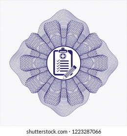 Blue rosette. Linear Illustration with clinic history icon inside