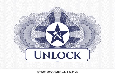 Blue rosette. Linear Illustration. with communism icon and Unlock text inside