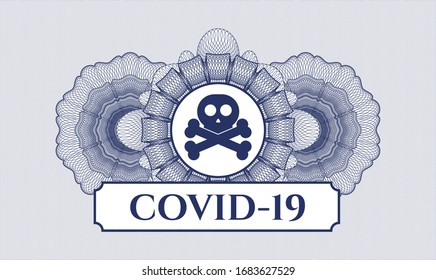 Blaue Rosette. Lineare Illustration. mit einem Kreuz-Symbol und COVID-19-Text innen
