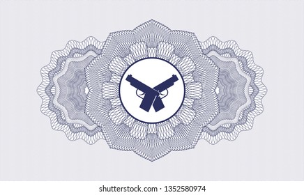 Blue rosette. Linear Illustration. with crossed pistols icon inside
