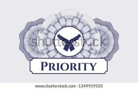 Blue rosette. Linear Illustration. with crossed pistols icon and Priority text inside