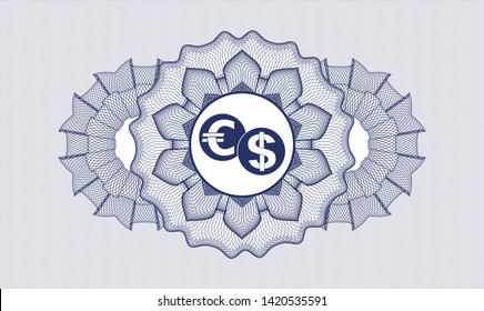 Blue rosette. Linear Illustration. with currency exchange icon inside