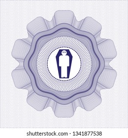 Blue rosette. Linear Illustration with dead man in his coffin icon inside