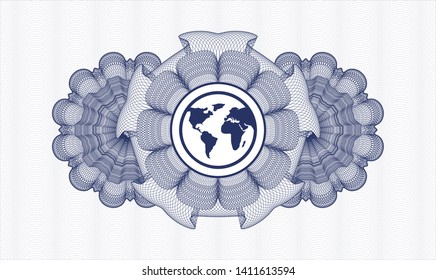 Blue rosette. Linear Illustration. with earth icon inside