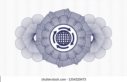 Blue rosette. Linear Illustration. with globalization icon inside