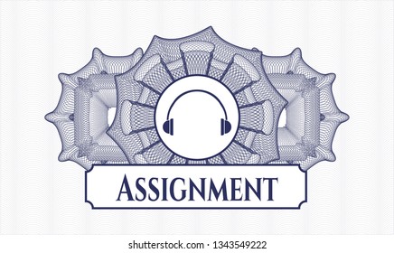 Blue rosette. Linear Illustration. with headphones icon and Assignment text inside